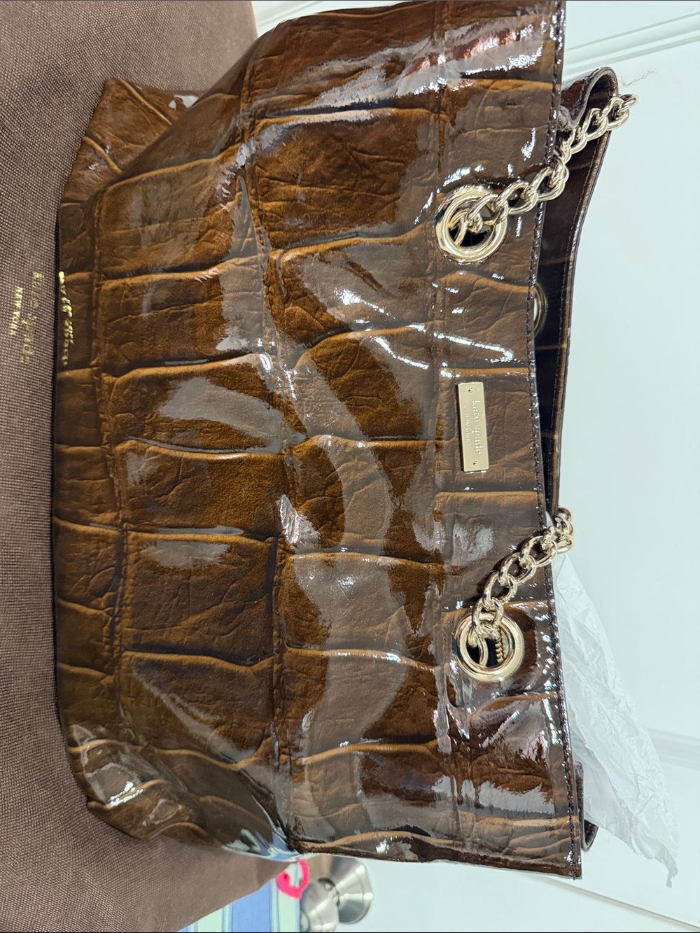 Kate Spade Patent Croc-Embossed Brown Shoulder Tote